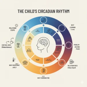 Infographic showing a child's 24-hour circadian rhythm cycle, illustrating the balance between sunlight exposure, screen-free play, and melatonin release for healthy sleep-wake patterns.