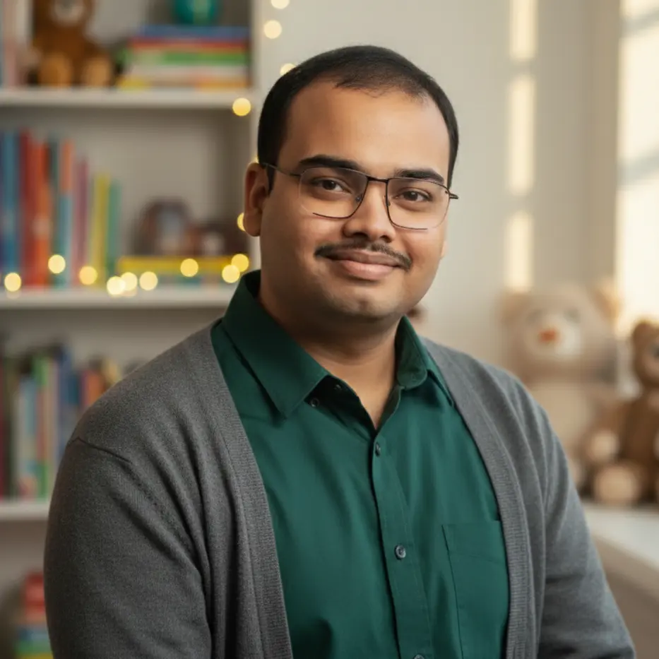 Saikat M, children's author and founder of Saimaz Tales, in a playful home library setting.