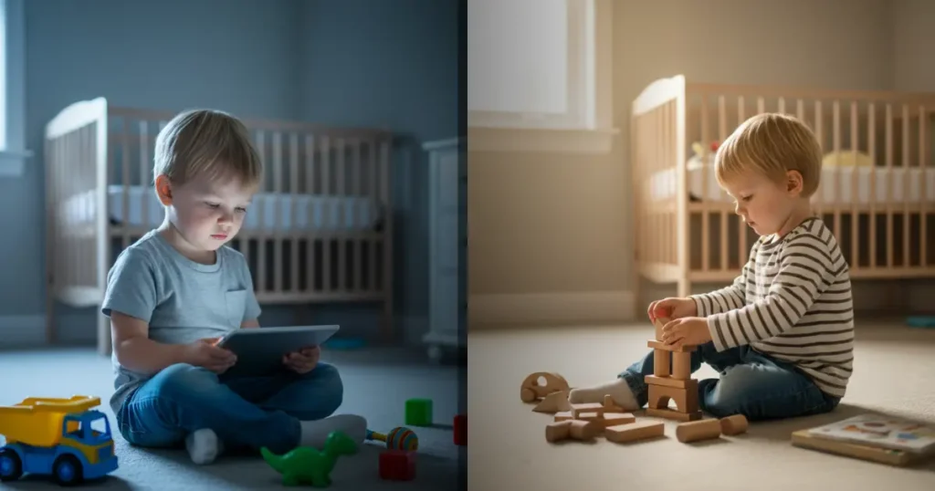 Split image showing two nursery environments: on the left, a child sitting passively near a tablet in a dim, cool-toned room with plastic toys; on the right, the same child actively playing with wooden blocks (screen free play) in a warm, screen-free nursery filled with natural light and books.