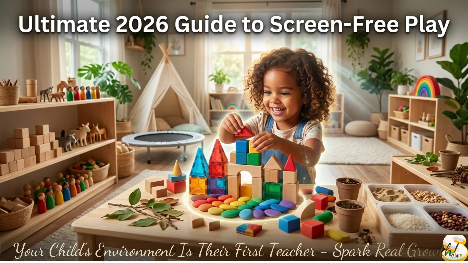 Joyful diverse child engaged in screen free play with wooden blocks and magnetic tiles in a sunlit Montessori-inspired playroom