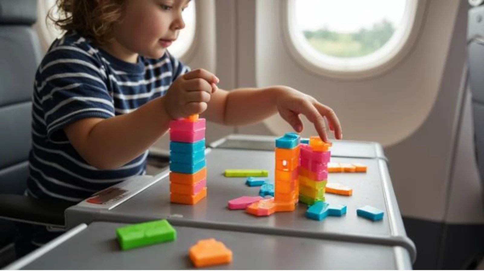 A toddler building a colourful structure with magnetic tiles on an airplane tray table during a long-haul flight
