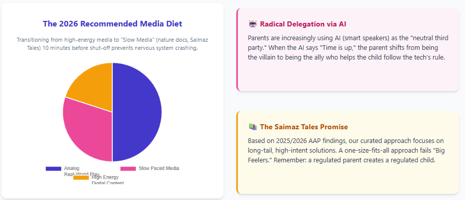 A pie chart showing a healthy 2026 media diet balance of analog play, slow-paced media, and high-energy digital content for toddlers.