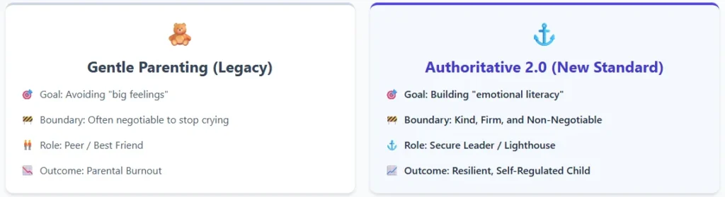 Comparison chart between Gentle Parenting and Authoritative 2.0, highlighting goals, boundaries, roles, and outcomes for resilient child development.